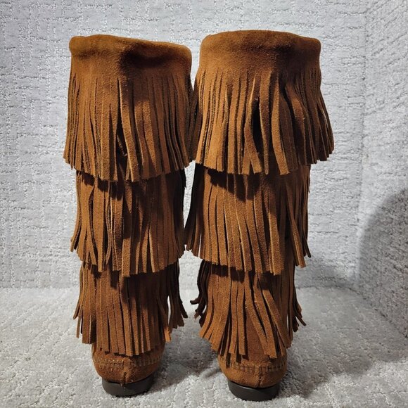 Minnetonka Moccasins 3 Layer Fringe Women's Size 5 Brown Suede Calf High Boots - Picture 3 of 10